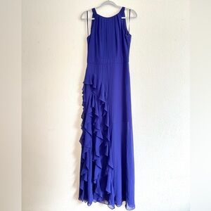 Betsy & Adam - Electric Blue Halter-Neck Floor-Length Ruffled Gown in Size 6